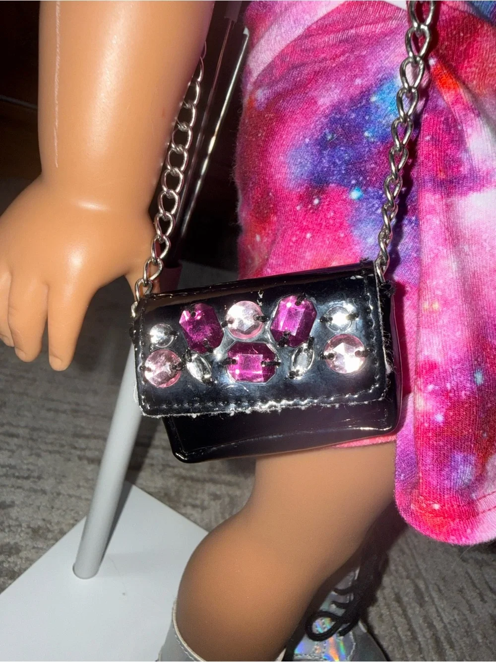 American Girl black purse silver chain with pink purple gems
